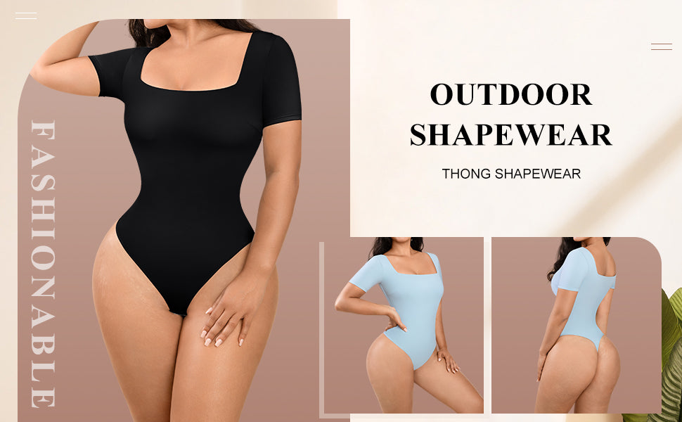 Square-Neck Short Sleeve Tummy Control Bodysuit